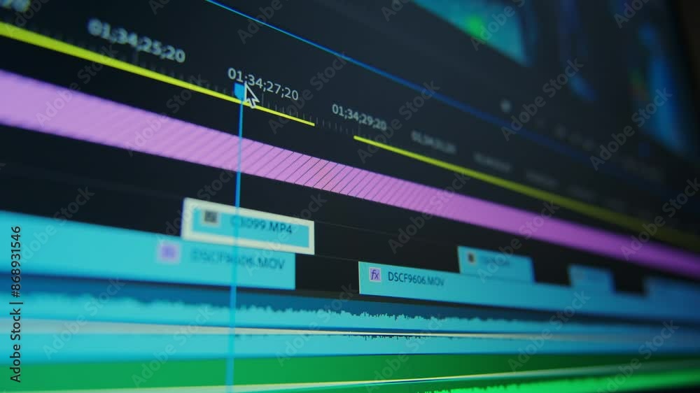 Close-up of video editing software in use on a computer or laptop. Captures cursor movements, timeline adjustments, and trimming actions, showcasing the creative process of video production. Close-up of video editing software in use on a computer or laptop. Captures cursor movements, timeline adjustments, and trimming actions, showcasing the creative process of video production.