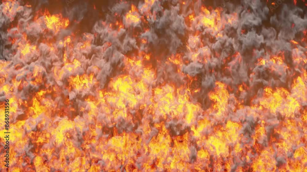 An animation of fire bursts against a black background, ideal for overlays with an alpha channel. Smoke and fire ignite and rise from bottom to top, vividly depicting the concept of dynamic energy.