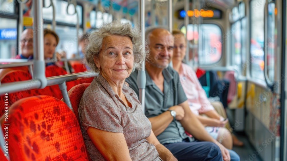 Serene Summer Morning Commute in a Czech Tram: Diverse Passengers Bathed in Sunlight and Calm Atmosphere Serene Summer Morning Commute in a Czech Tram: Diverse Passengers Bathed in Sunlight and Calm Atmosphere