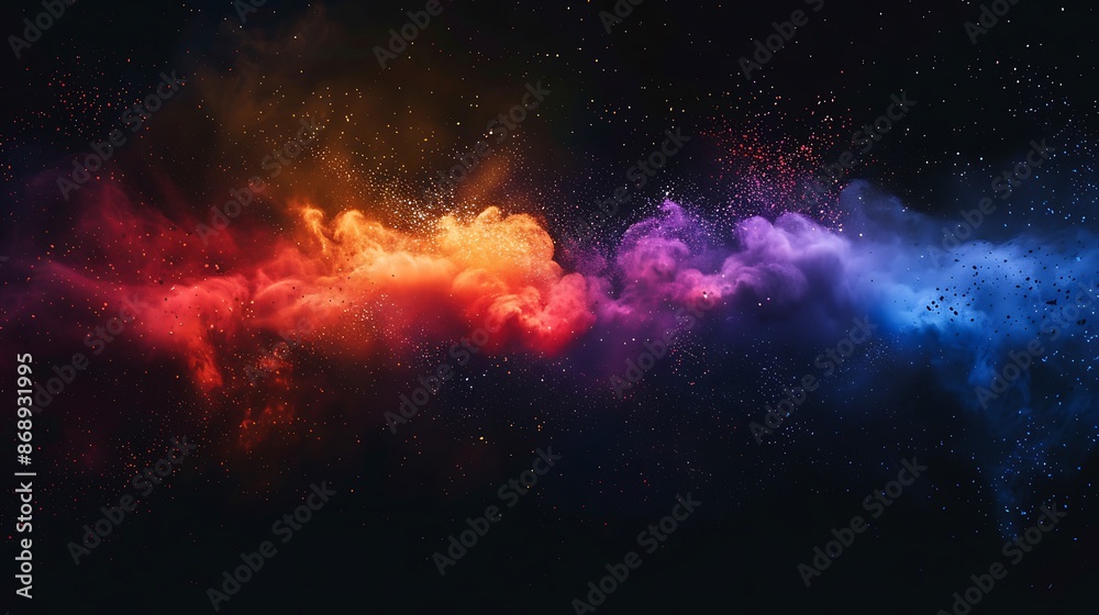 Fototapeta premium Colorful rainbow powder explosion isolated black wide panorama background. Generative Ai