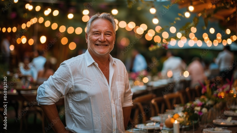 Fototapeta premium Happy Senior Man Enjoying Lively Garden Party with Friends and Family Under String Lights and Colorful Decorations