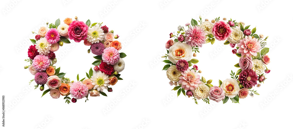 Beautiful Rose and Dahlia Wreath Flower Design on a Transparent Background. Beautiful Rose and Dahlia Wreath Flower Design on a Transparent Background.