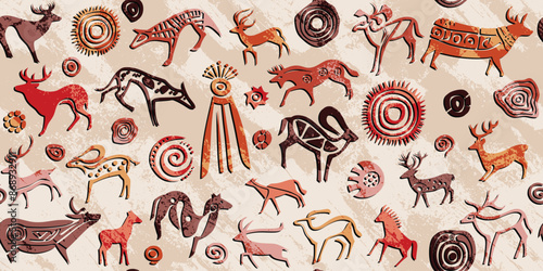 A series of petroglyphs, cave drawings, vector design, seamless pattern	