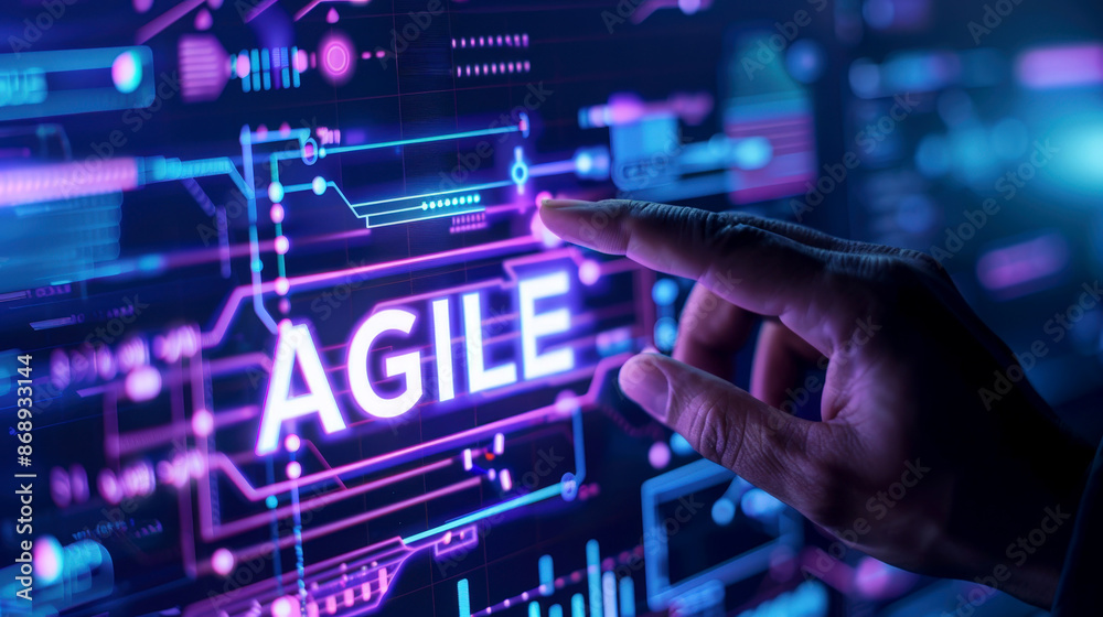 Agile software development scrum methodology boards. workflow, Finger touching virtual interface agile text .AI generative Agile software development scrum methodology boards. workflow, Finger touching virtual interface agile text .AI generative