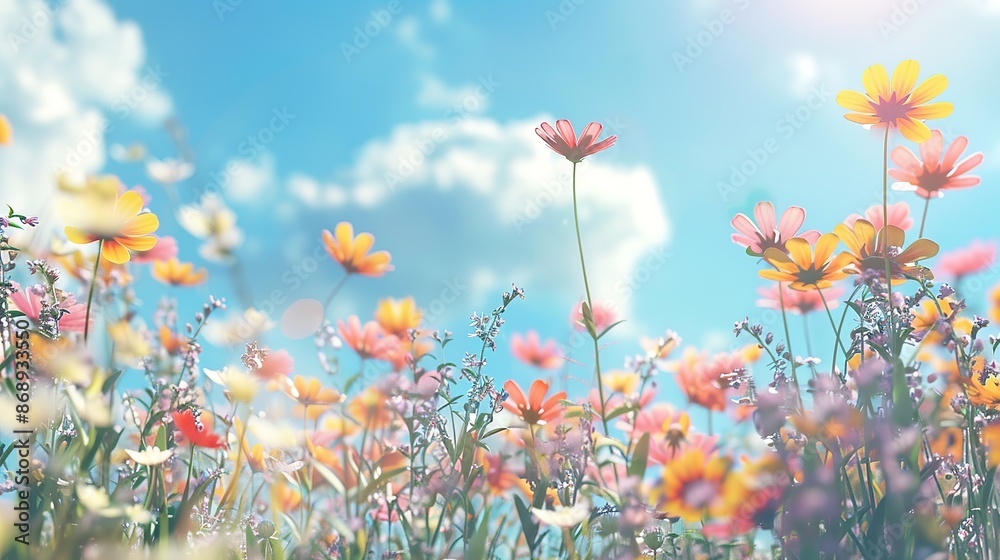 Obraz premium A beautiful spring flower field summer meadow. Natural colorful landscape with many wild flowers of daisies against blue sky. A frame with soft selective focus. Magical nature background blossom