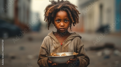 Little girl holding a bowl in her hands, looking at the camera with sad eyes