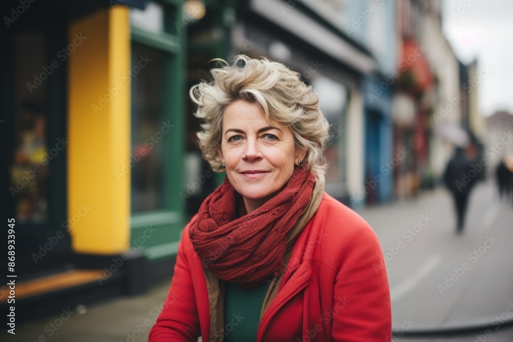 Portrait of a middle-aged woman in a red coat and scarf on a city street