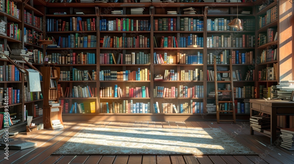 A photo corner with a room full of bookshelves A photo corner with a room full of bookshelves