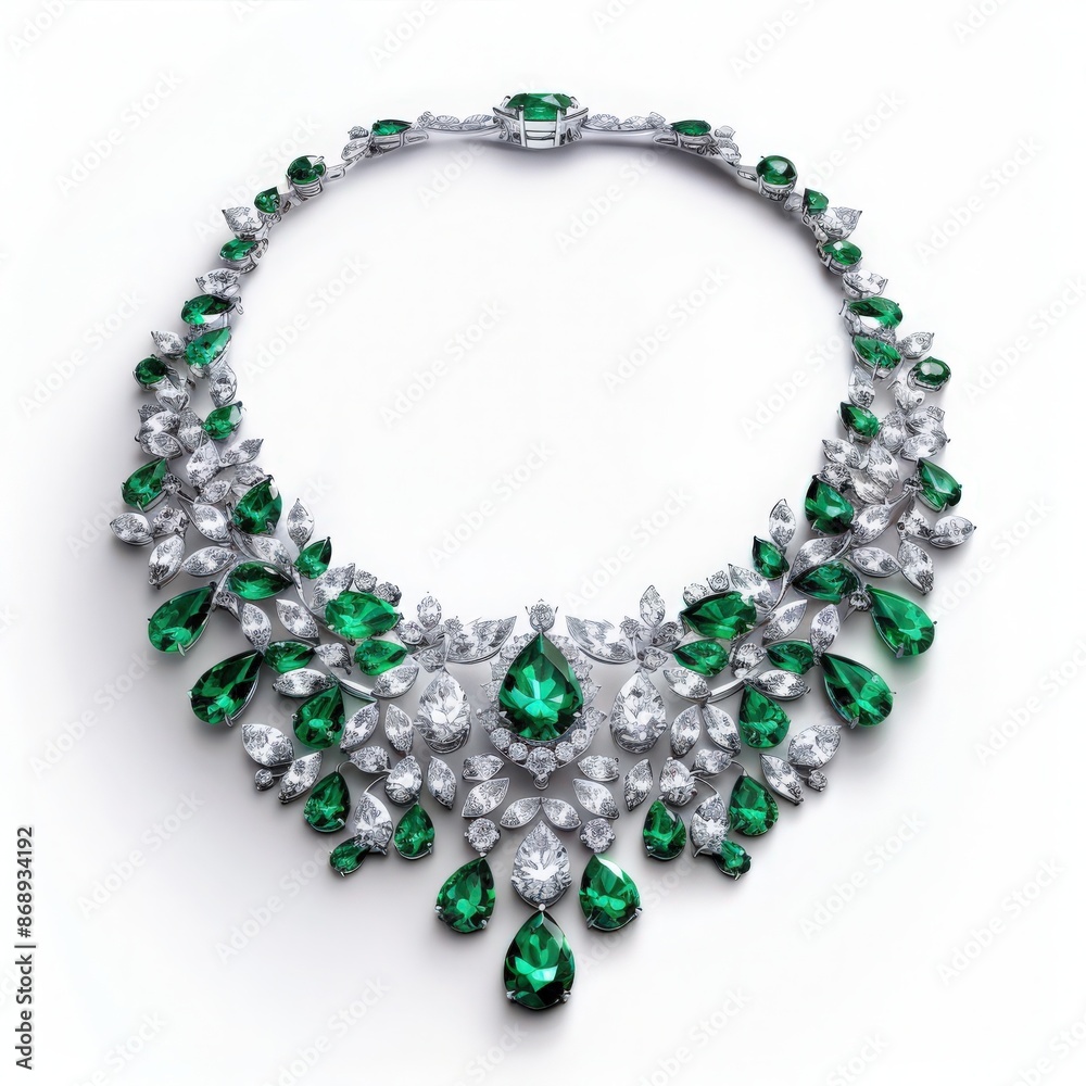 Elegant emerald and diamond necklace, exquisite luxury jewelry piece with intricate gemstone arrangement, perfect for special occasions. Elegant emerald and diamond necklace, exquisite luxury jewelry piece with intricate gemstone arrangement, perfect for special occasions.