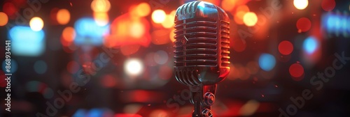 Vintage Microphone On Stage With Blurry Lights