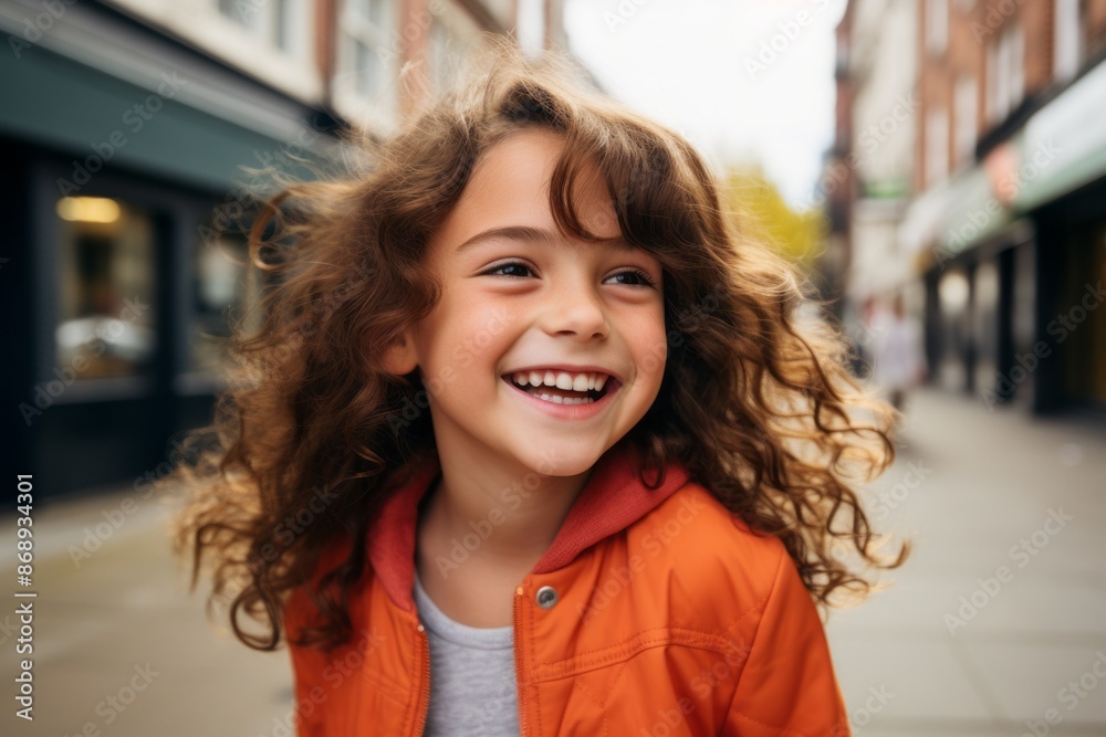 Cheerful little girl with curly hair in an orange jacket on the street Cheerful little girl with curly hair in an orange jacket on the street