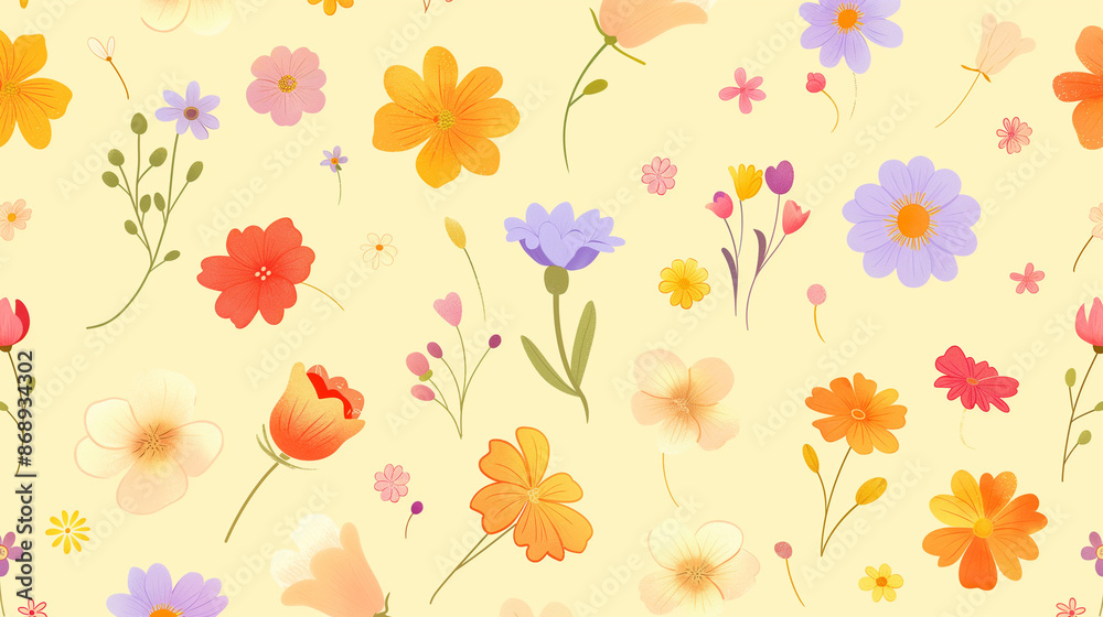 Fototapeta premium Various tiny spring flowers clipart collection pattern, minimal abstract illustration style , super fresh fluorescent vibrant color palette