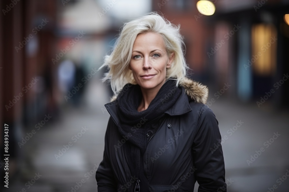 Portrait of a beautiful middle aged woman in winter coat in the city