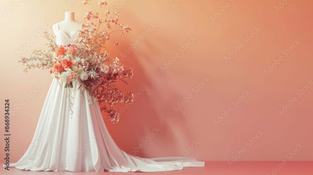 A white dress for the bride and a bouquet of flowers on a pastel orange background. A white dress for the bride and a bouquet of flowers on a pastel orange background.