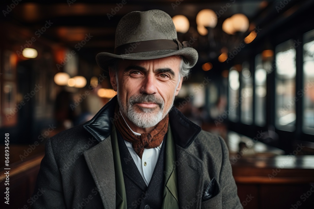 Portrait of a handsome senior man with hat and coat in a cafe. Portrait of a handsome senior man with hat and coat in a cafe.