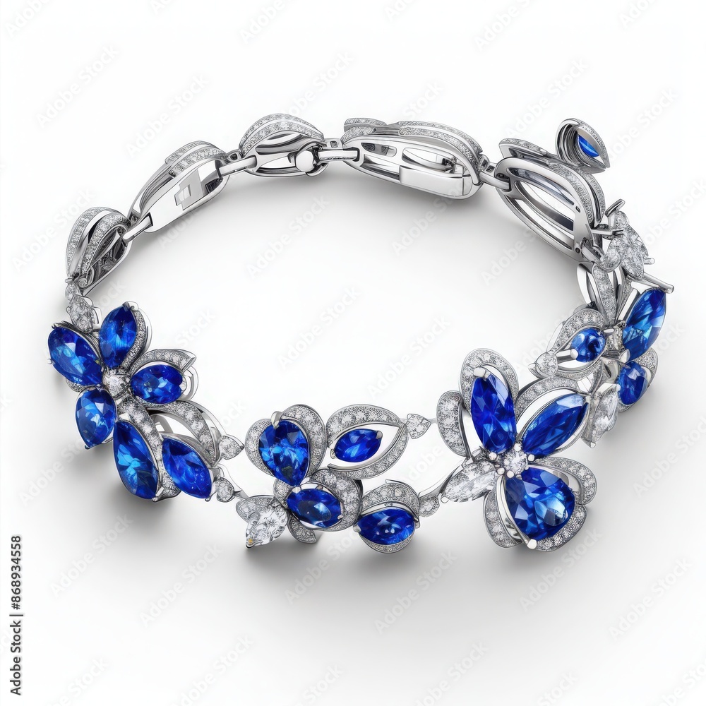 Elegant silver bracelet adorned with blue gemstones and floral designs, perfect for adding a touch of luxury and sophistication.