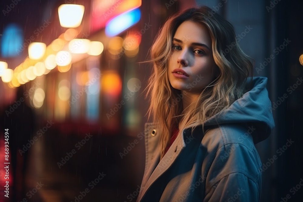 Beautiful young woman walking in the city at night with rain. Beautiful young woman walking in the city at night with rain.