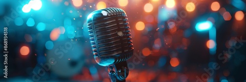 Vintage Microphone On Stage With Blurry Lights