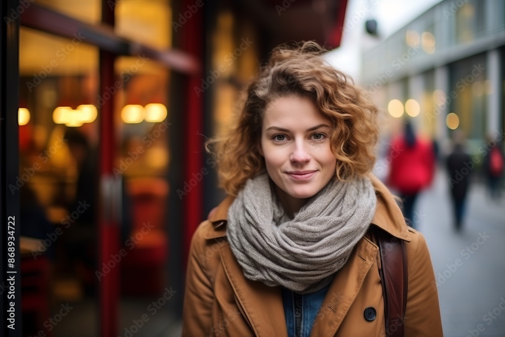 Portrait of a beautiful young woman in winter coat and scarf on the street Portrait of a beautiful young woman in winter coat and scarf on the street