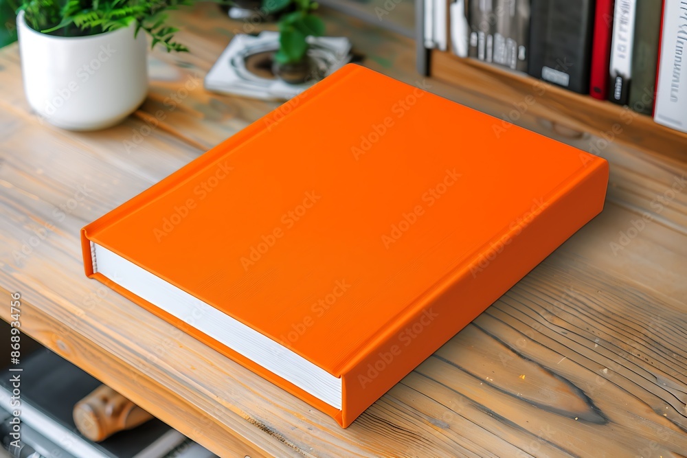 Bright orange book cover displayed as a mockup on a polished ash wood desk. Bright orange book cover displayed as a mockup on a polished ash wood desk.