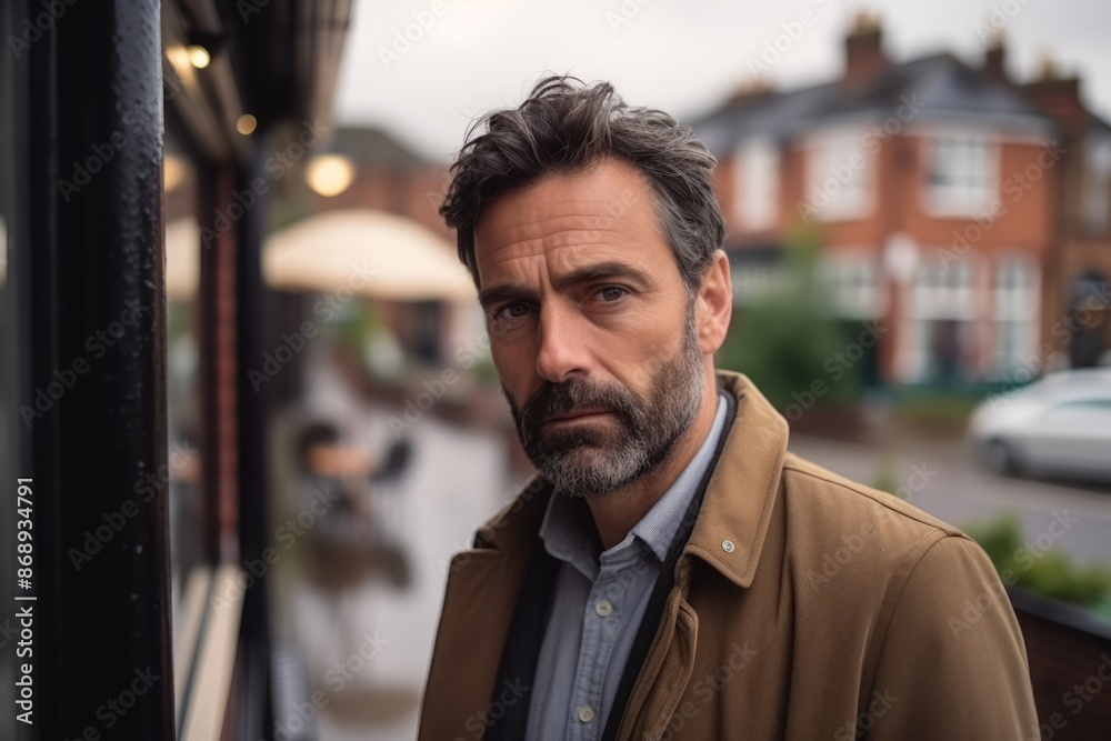 Portrait of a handsome middle aged man with grey hair and beard, wearing a brown coat, looking at the camera. Portrait of a handsome middle aged man with grey hair and beard, wearing a brown coat, looking at the camera.