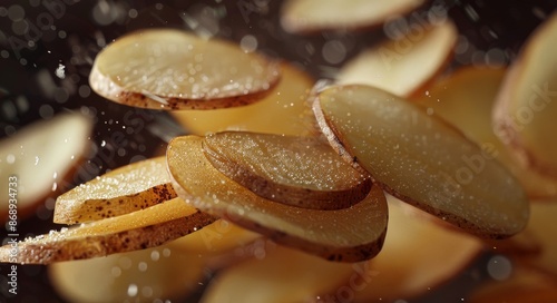 Sliced Potato Chips Falling Through Air With Water Droplets