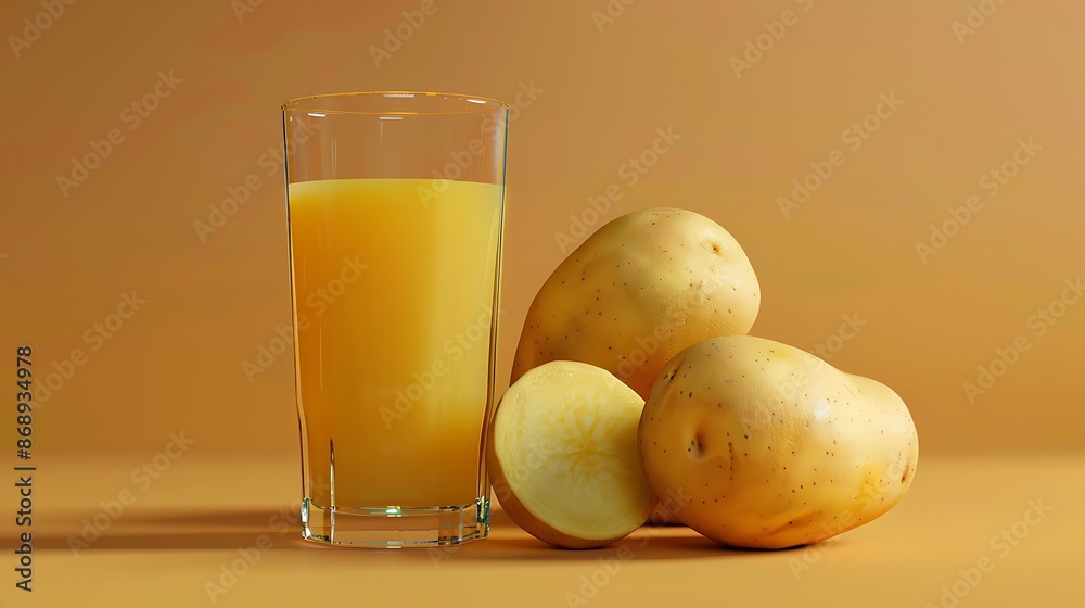 Skarlupa and potato liquid in a glass next to the potato entire very detailed and realistic shape