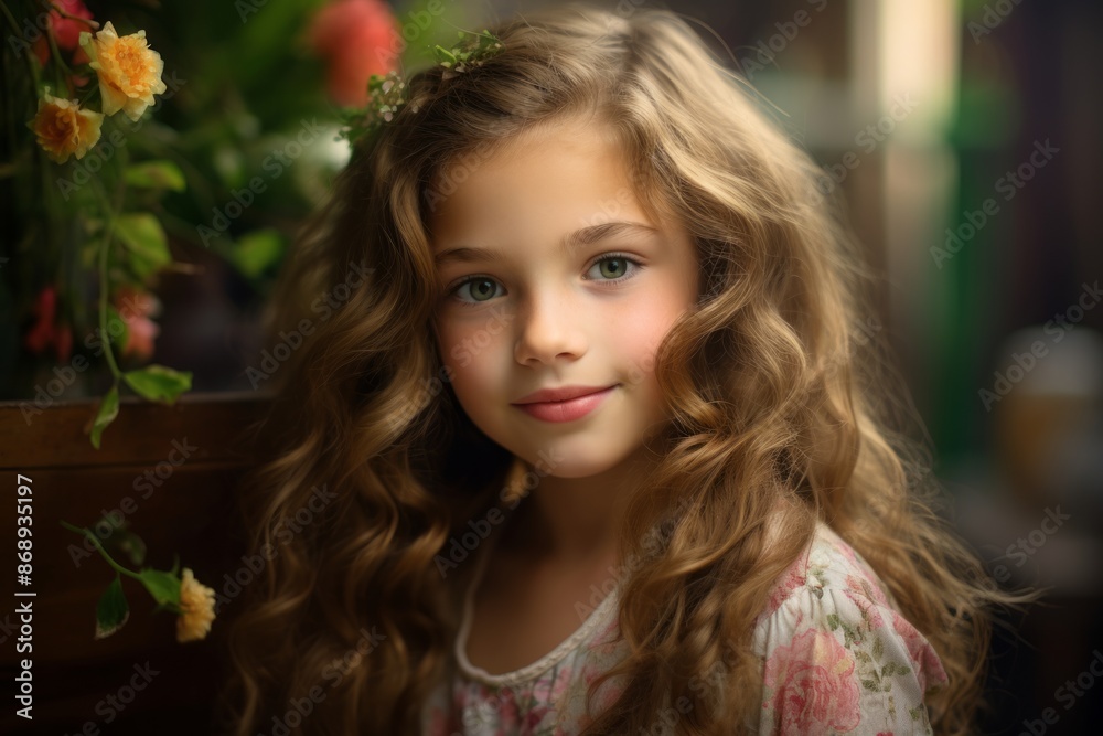 Portrait of a beautiful little girl with long curly hair and flowers.