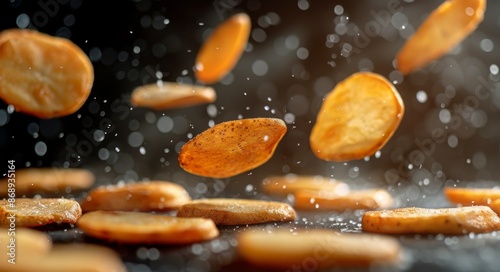 Sliced Potato Chips Falling Through Air With Water Droplets
