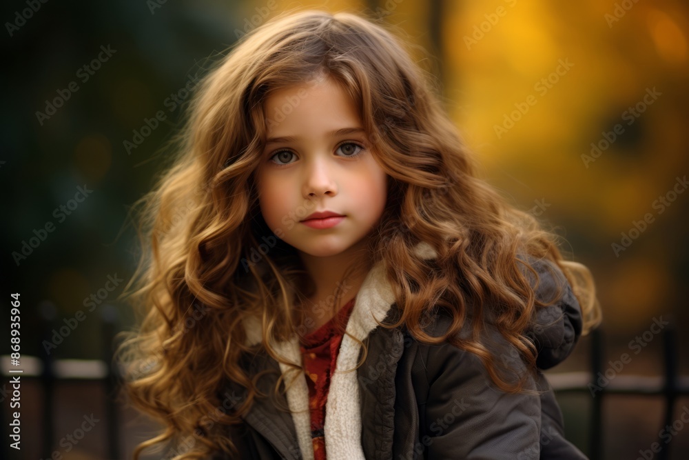 Portrait of a beautiful little girl with curly hair in the autumn park Portrait of a beautiful little girl with curly hair in the autumn park