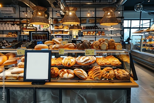 Low-profile digital display situated in the bakery section of a megastore, enhancing shopper engagement.