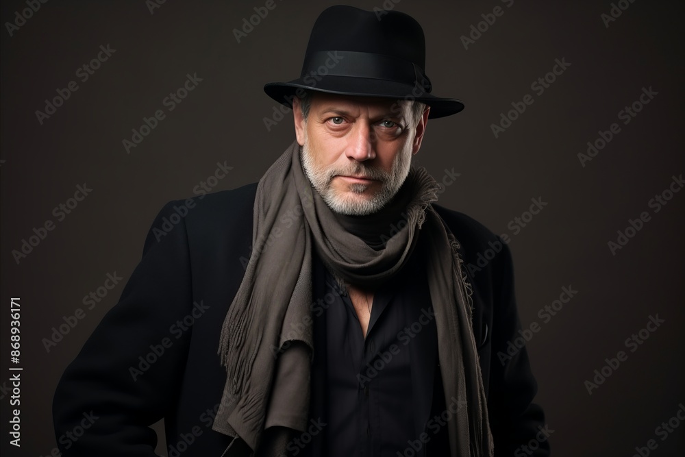 Handsome senior man wearing a top hat and scarf on a dark background. Handsome senior man wearing a top hat and scarf on a dark background.