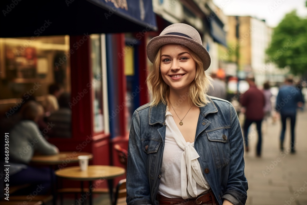 Smiling young woman in a hat standing in a cafe in London Smiling young woman in a hat standing in a cafe in London