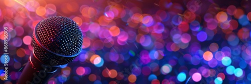 Microphone on Stage With Blurry City Lights at Night