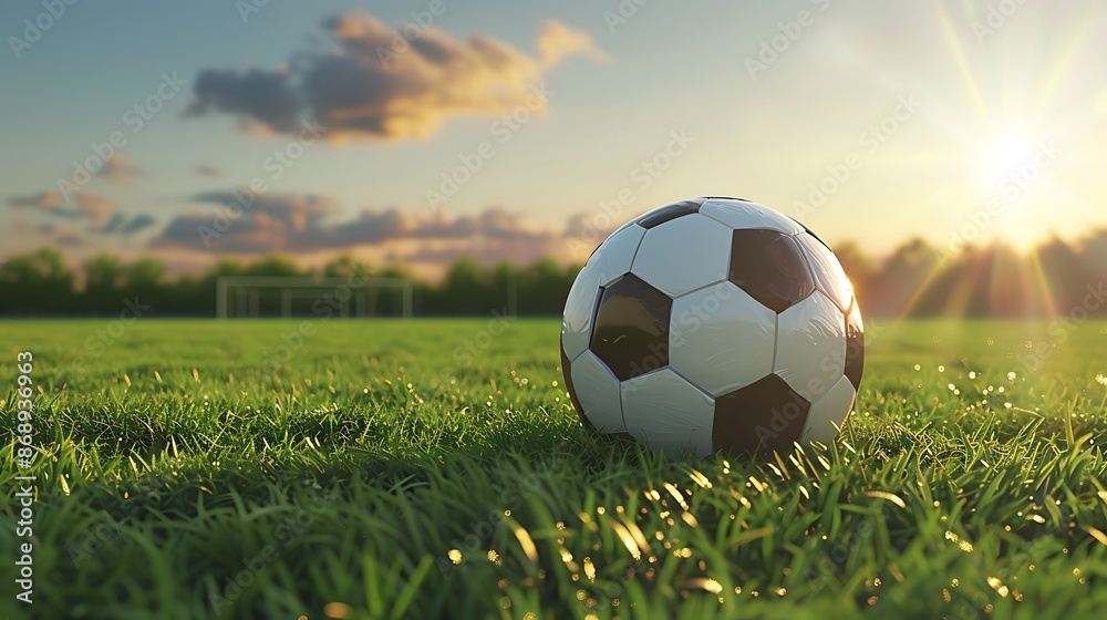 Fototapeta premium Soccer ball placed on green grass football stadium at sunset view very detailed and realistic shape