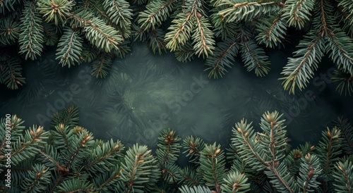 Pine Tree Branches Framing a Dark Green Background