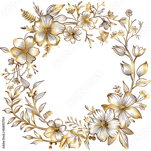 Hand Drawn Gold Colored Flower Wreath. Floral Design Element for Birthday, New Year, Christmas Card, Wedding Invitation. Generative Ai