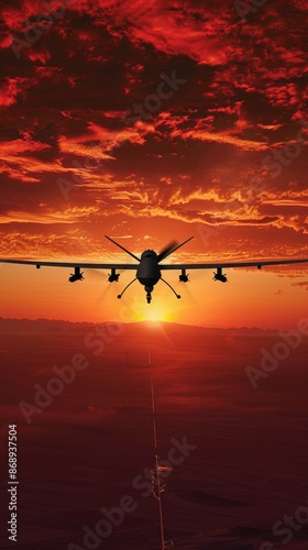 A lone drone flying against a backdrop of a blood-red sunset symbolizing the desolation of war © ktianngoen0128