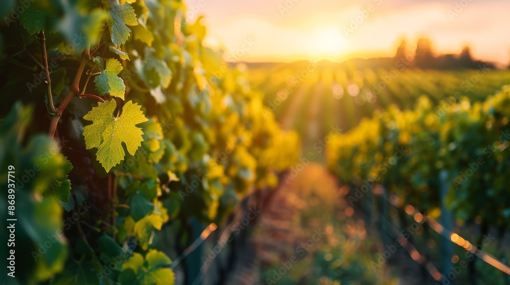 Naklejka premium Vineyard at sunset with golden light illuminating the leaves. A peaceful and serene scene of nature's beauty.