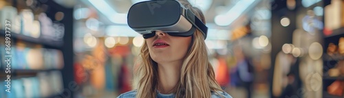 Woman wearing VR headset in a blurred store setting. © admin_design