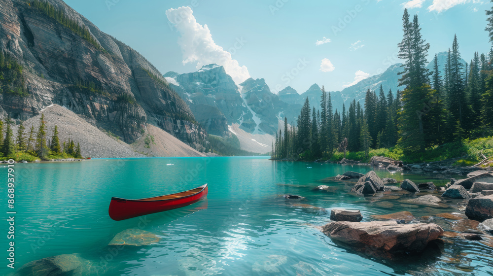 A turquoise glacial lake set against a backdrop of rugged mountains, rocky lakebed and scattered icebergs floating, landscape wallpaper A turquoise glacial lake set against a backdrop of rugged mountains, rocky lakebed and scattered icebergs floating, landscape wallpaper