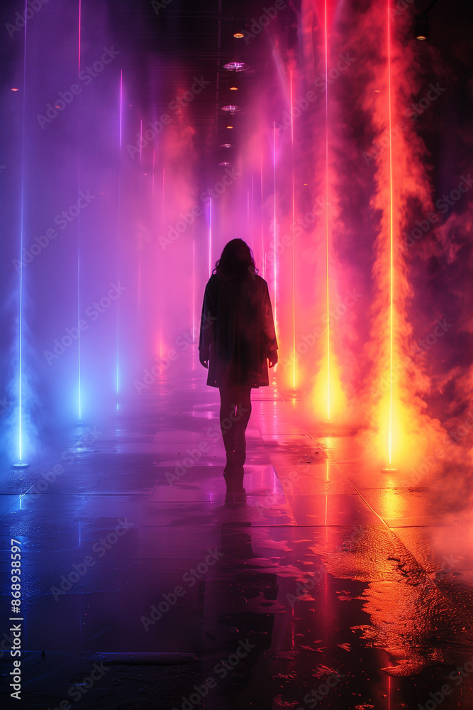 silhouette of people walking in Colorful light channel silhouette of people walking in Colorful light channel