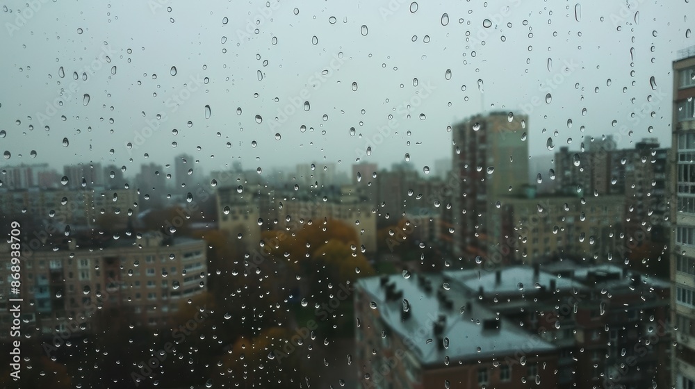 Window covered in raindrops overlooking a rainy city, atmospheric, urban scenery Window covered in raindrops overlooking a rainy city, atmospheric, urban scenery