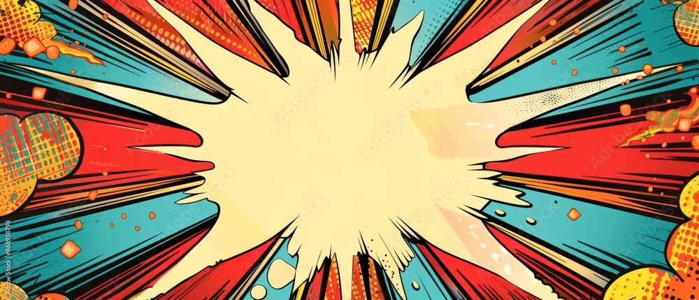 © Seksan - Vintage comic book explosion background with a large blank space for a birthday message, superhero theme, retro colors