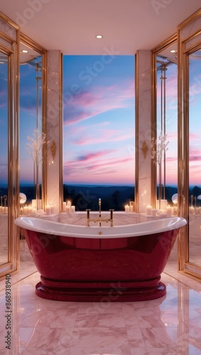 digital artwork depicting a luxury red bathtub, situated in a lavish spa-like setting photo