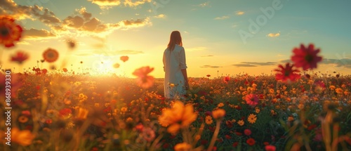 Person standing amidst vibrant flowers during golden hour, peaceful scene, sunset glow photo