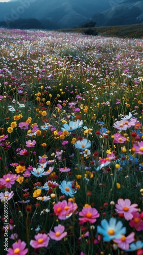 Aerial shot of a vast field of wildflowers in full bloom, patchwork of vibrant colors
