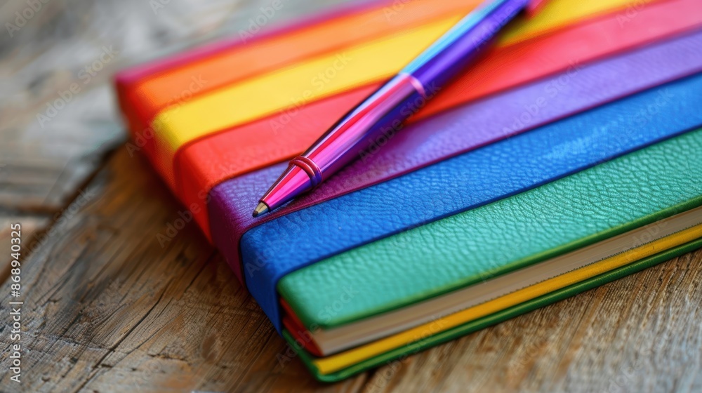 Fototapeta premium Close-up of a rainbow-colored notebook and pen, Pride journal, creative expression