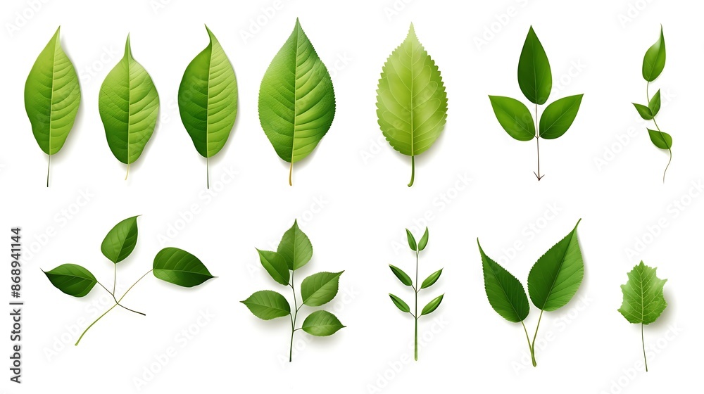Obraz premium Set of green leaves isolated on white background. Generative Ai