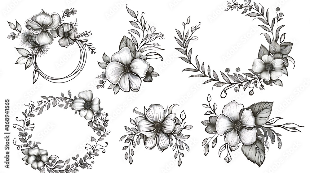 Fototapeta premium Set of Hand drawn wreath with wild flowers and leaves line art illustration isolated on white background. Circle floral frame in black ink sketch style. wedding invitation design. Generative Ai